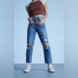 PacSun Eco Medium Blue Distressed High Waisted Straight Leg Jeans, 28